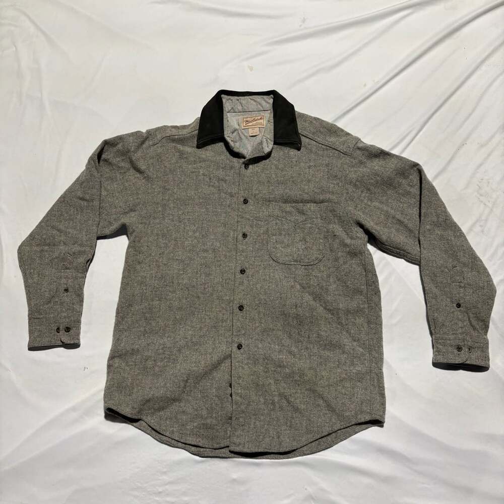 VTG Woolrich Wool Shirt Mens L Gray Heavyweight Suede Collar Flannel Made in USA